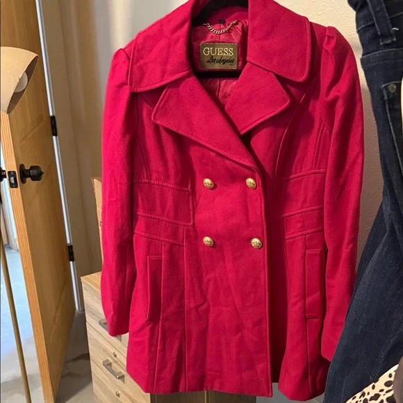 GUESS Women's Bold Pink Double-Breasted Pea Coat - Picture 1 of 5